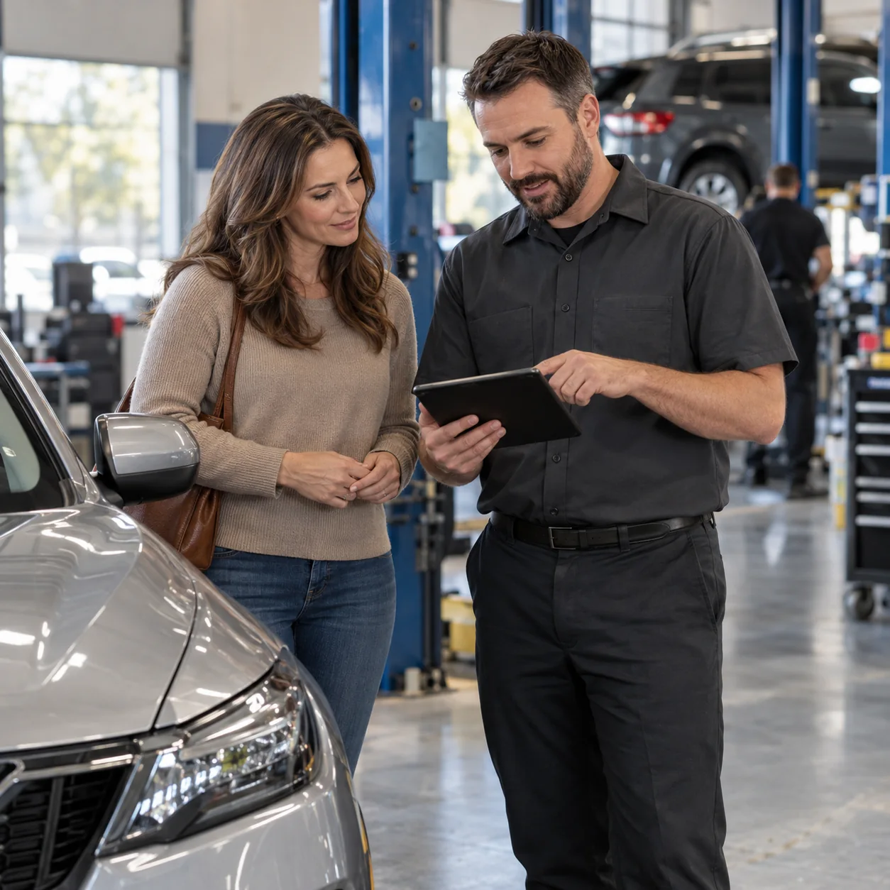 Service advisor reviewing a vehicle estimate with a customer beside her car in an auto repair shop