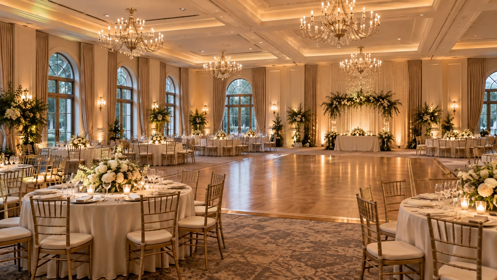 Illustrative catering hall arranged for a celebration with chandeliers, round tables, and an open dance floor