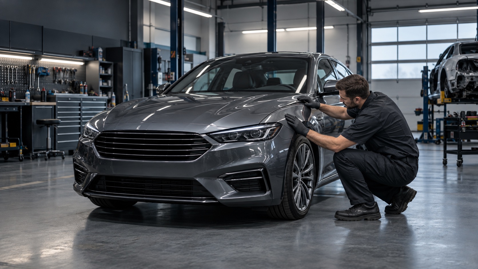 Illustrative automotive technician inspecting a vehicle body panel in a professional collision-repair workshop