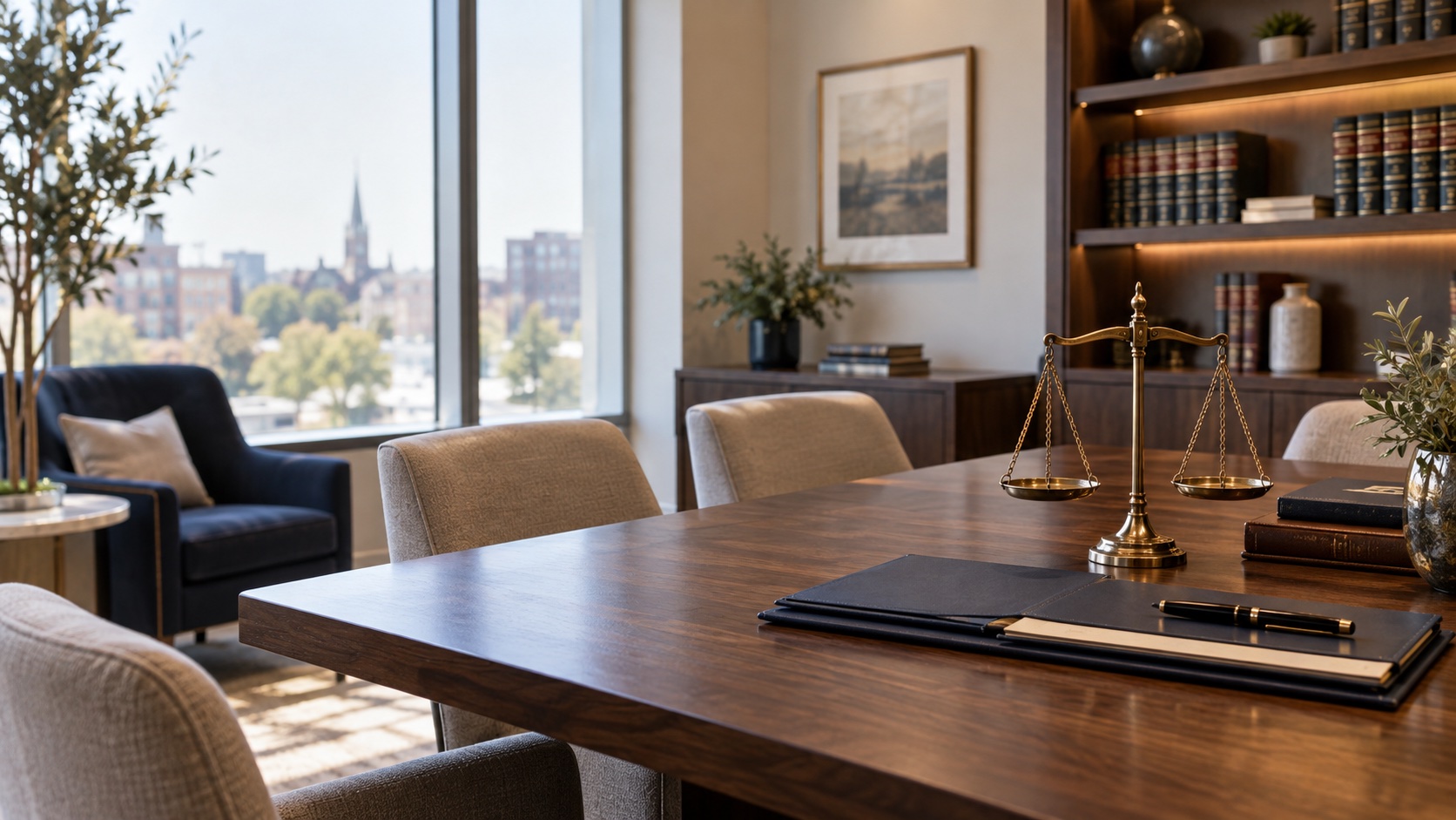 Illustrative professional law-office consultation room with balance scales and document folders