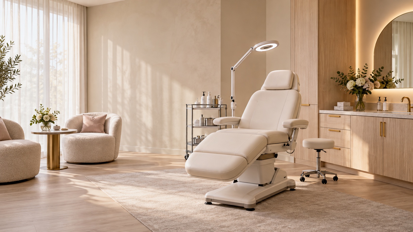 Illustrative medical-aesthetics treatment room with a reclining treatment chair and consultation area