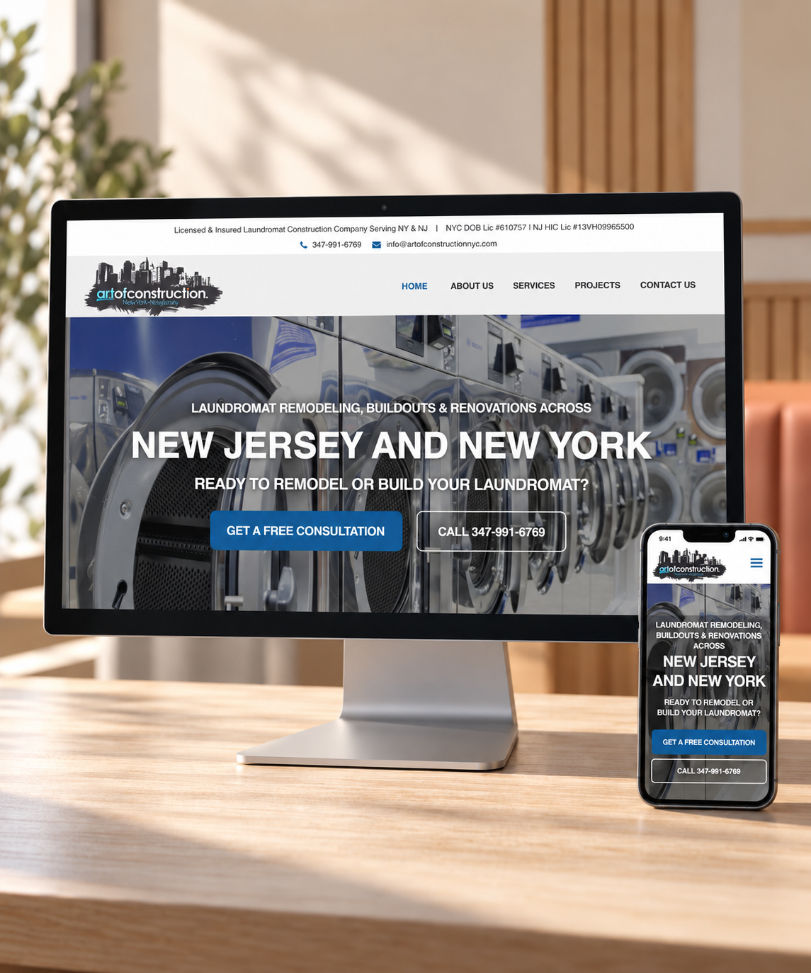Art of Construction website displayed on a desktop monitor and phone