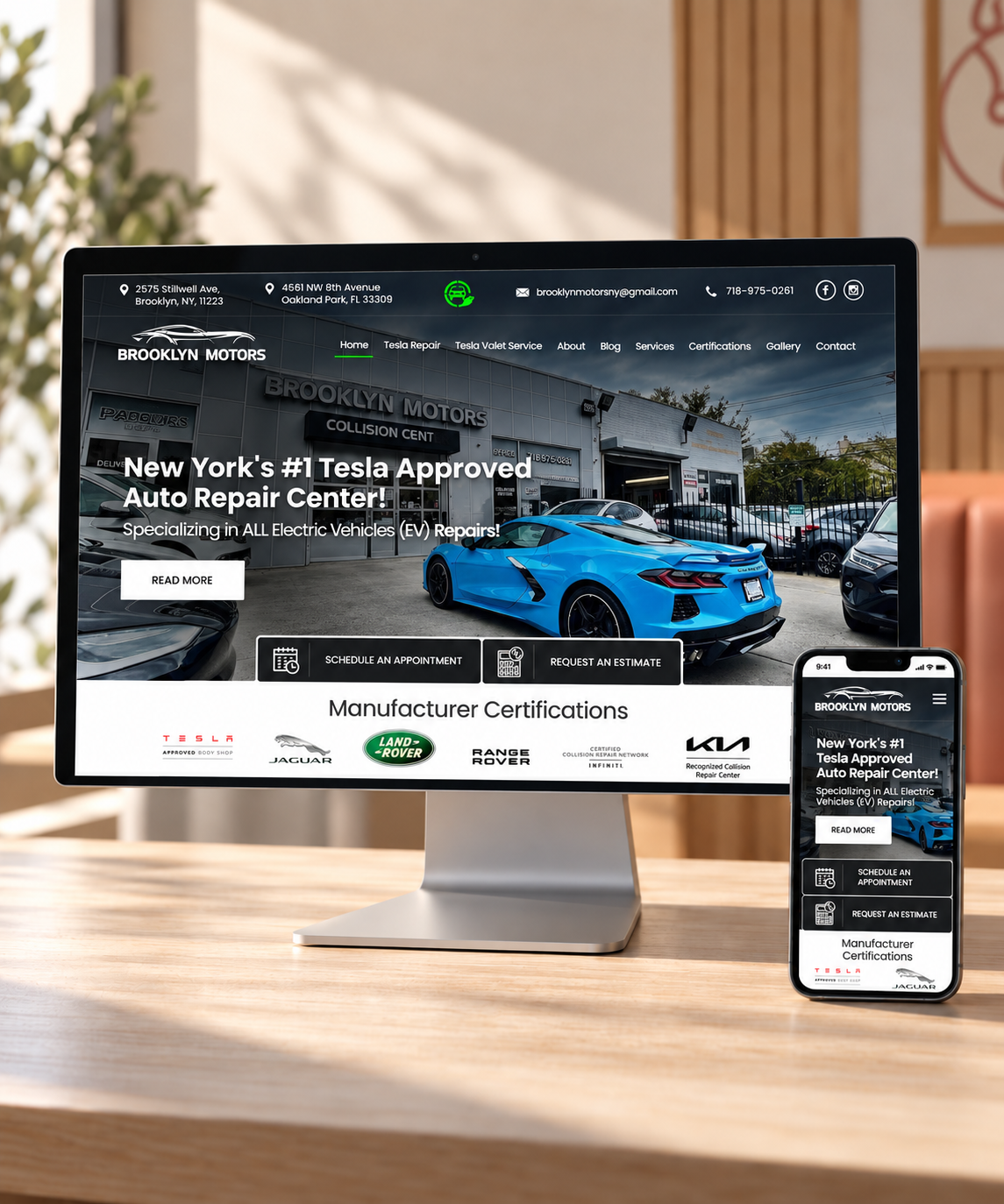 Brooklyn Motors website displayed on a desktop monitor and phone