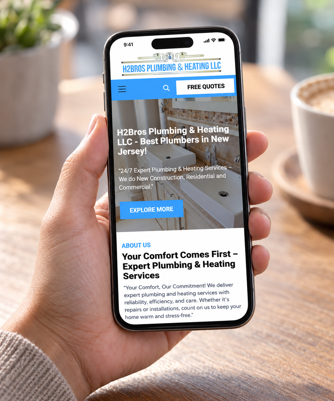 H2Bros Plumbing & Heating website displayed on a handheld phone