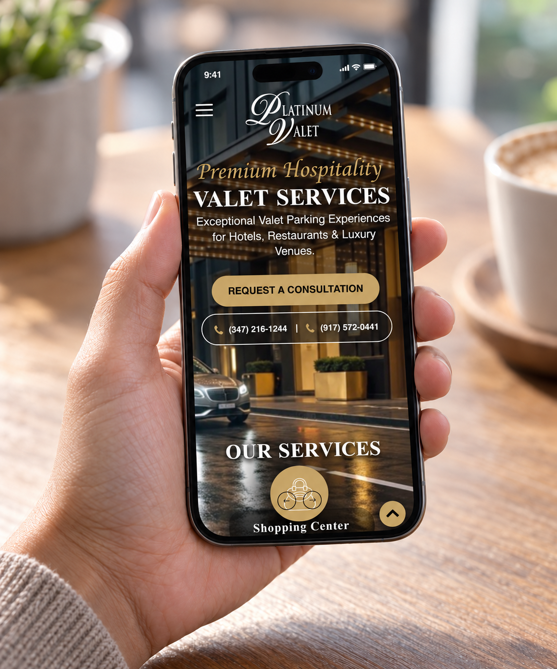 Platinum Valet Parking website displayed on a handheld phone