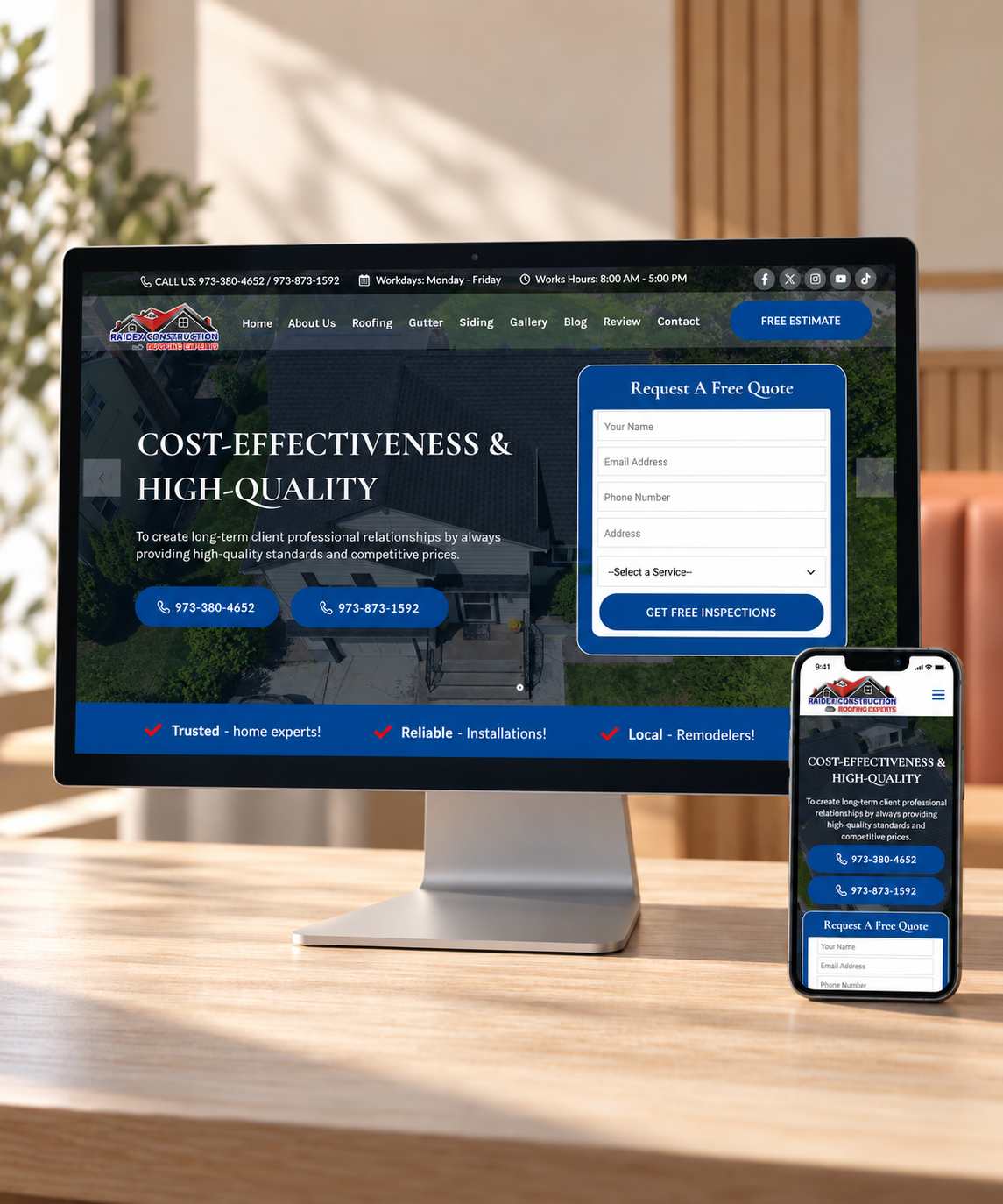 Raidex Construction LLC website displayed on a desktop monitor and phone