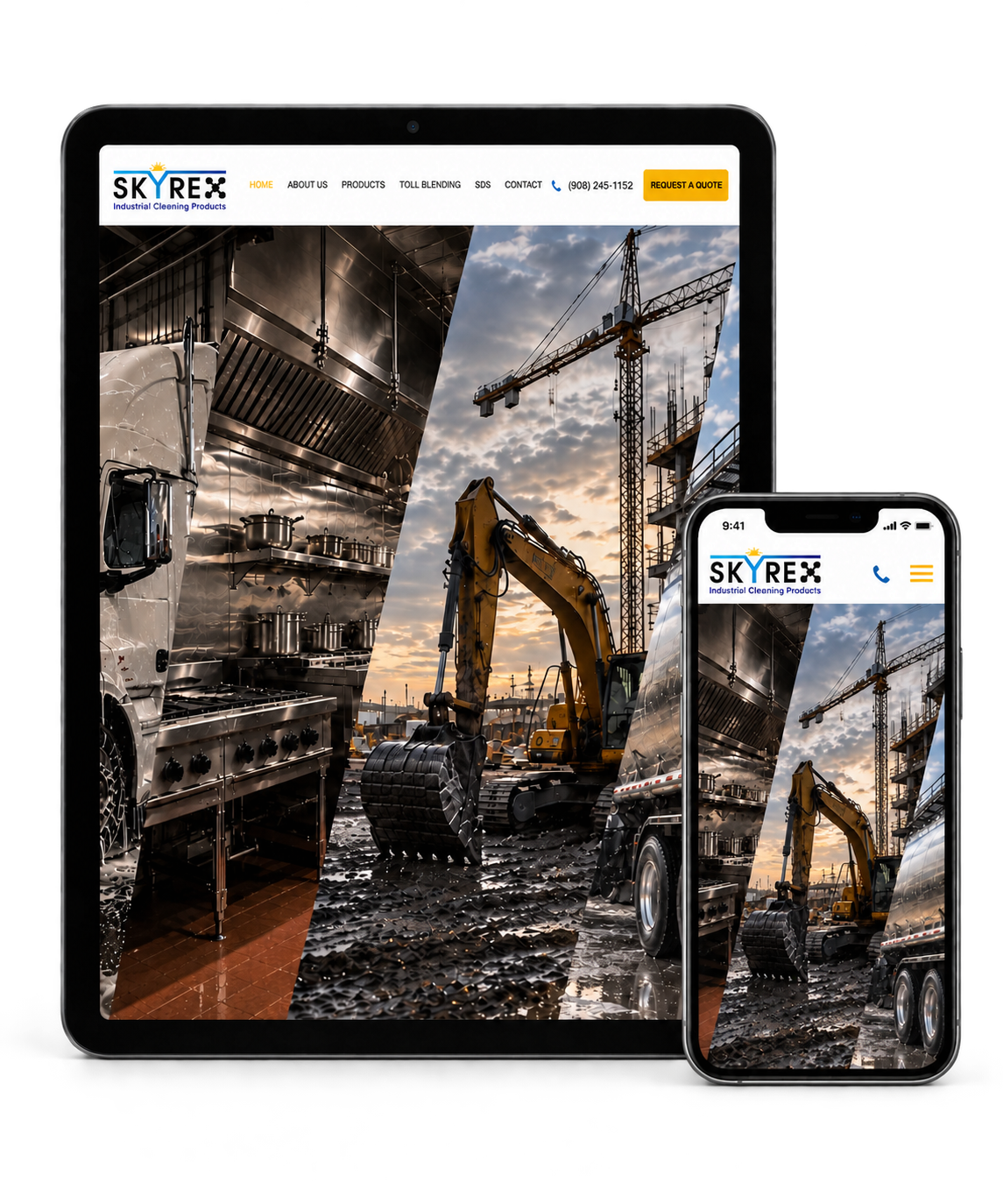SkyRex Inc. website displayed on a tablet and phone