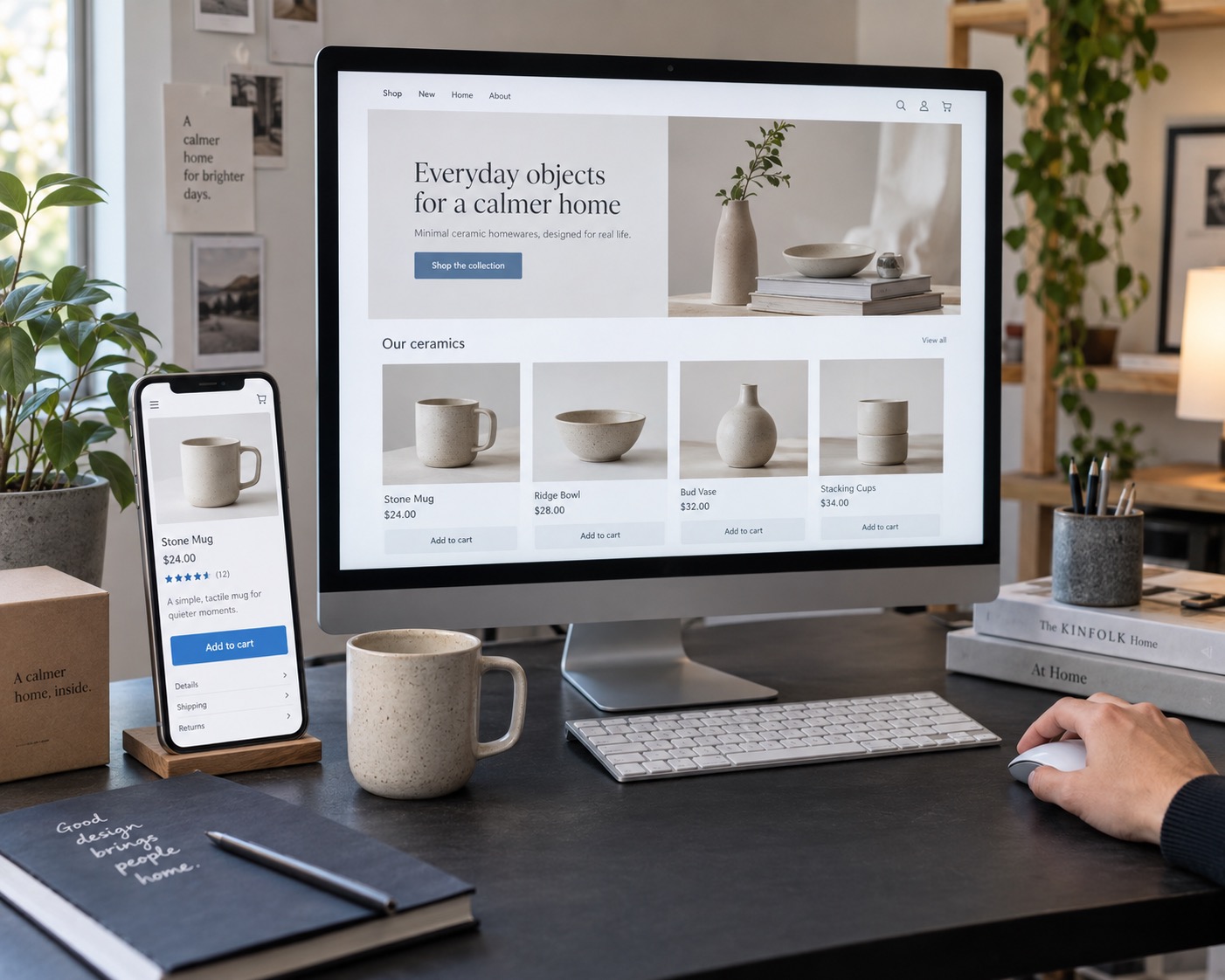 Responsive ecommerce storefront with a product catalog on a desktop monitor and mobile product page on a smartphone
