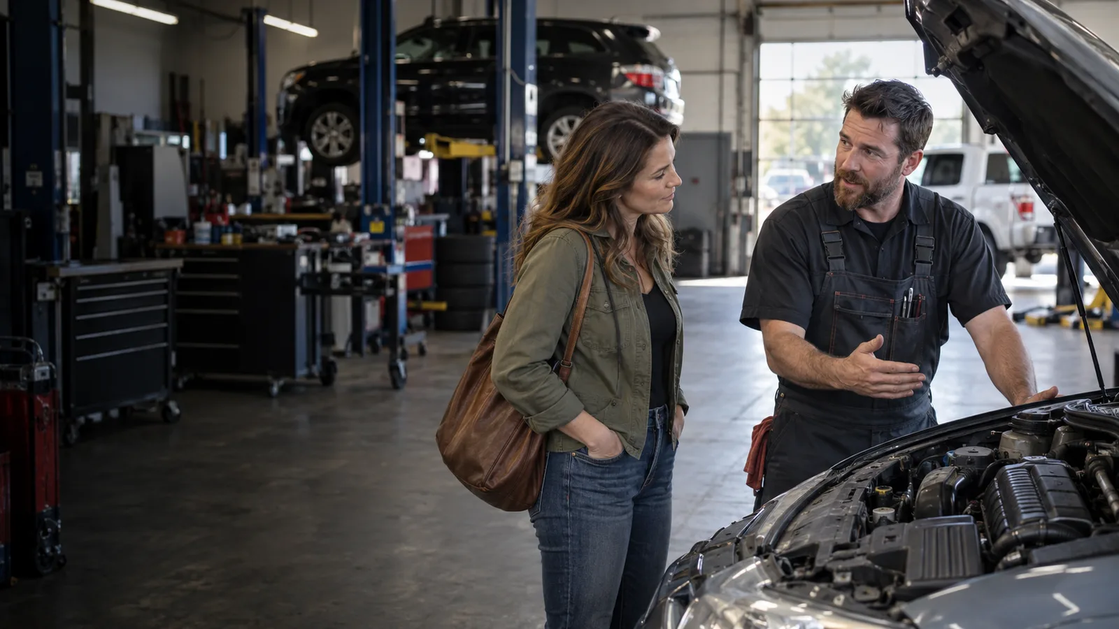 Mechanic explaining vehicle repairs to a customer in a modern auto service shop