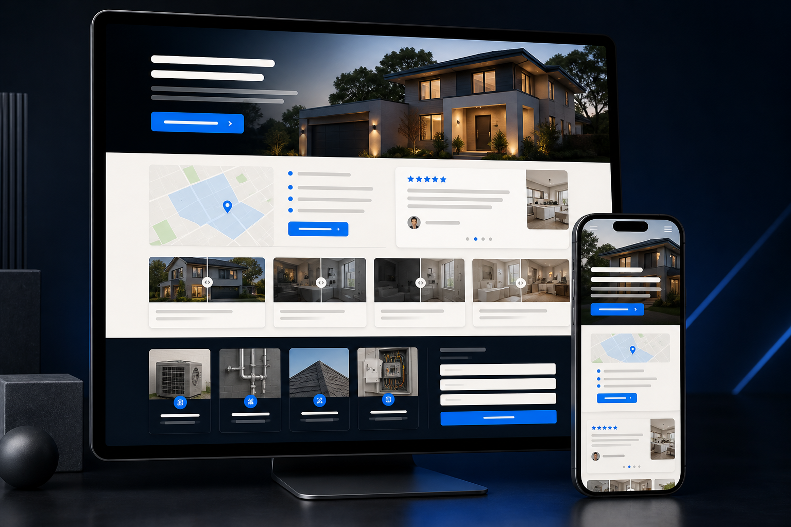 Website mockup for a home services contractor landing page with desktop and mobile layouts
