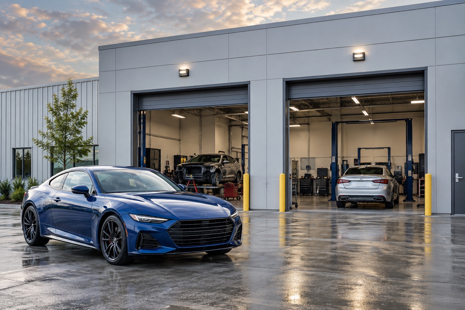 Automotive repair shop with cars and open service bays
