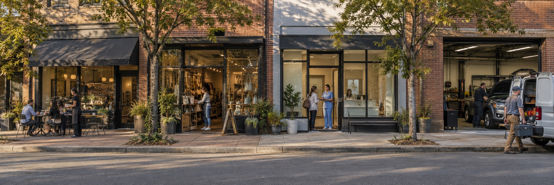 Neighborhood businesses with cafe staff, a shopkeeper, healthcare workers, and contractors