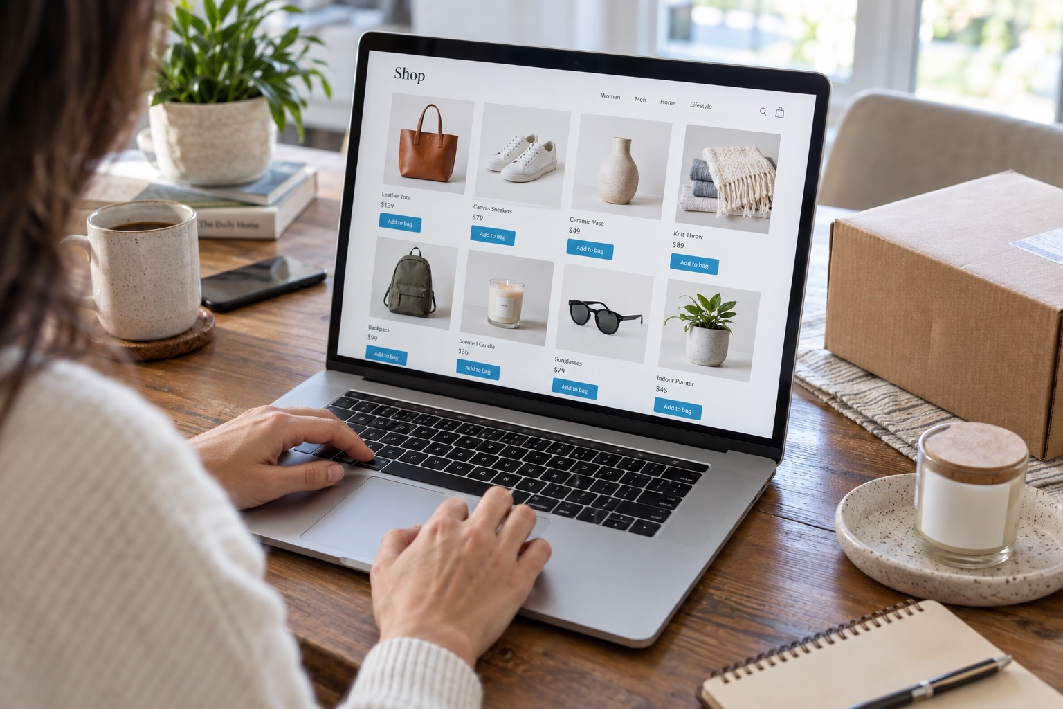 Shopper browsing an online product catalog on a laptop beside a shipping parcel