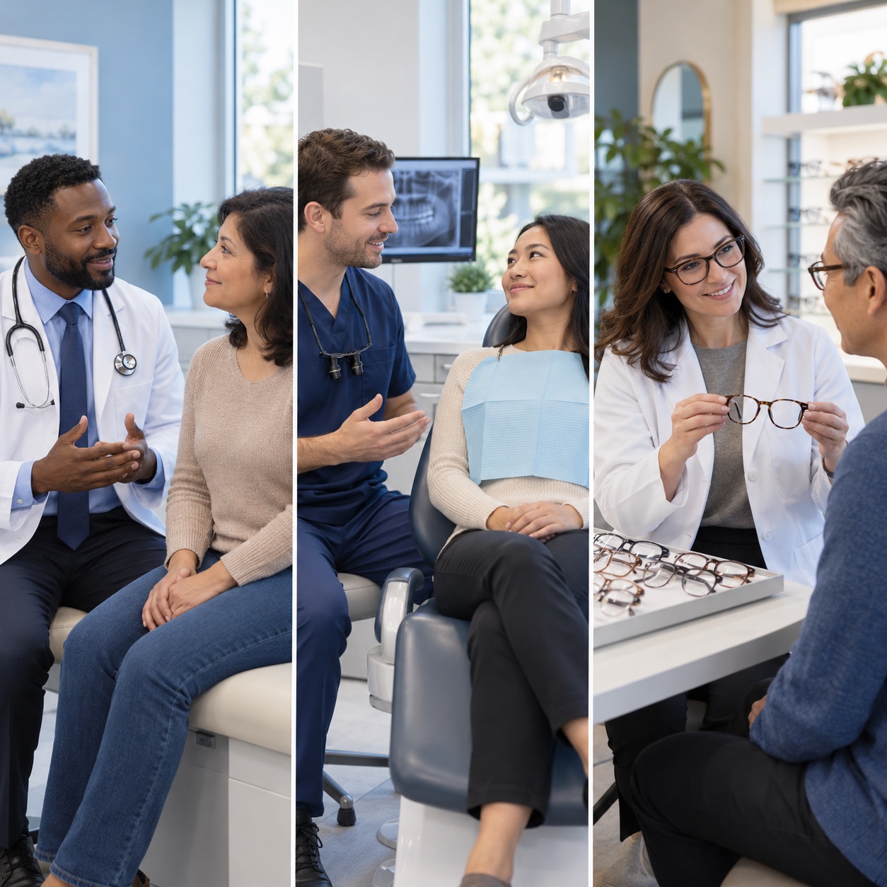 Collage of medical, dental, and eye care consultations