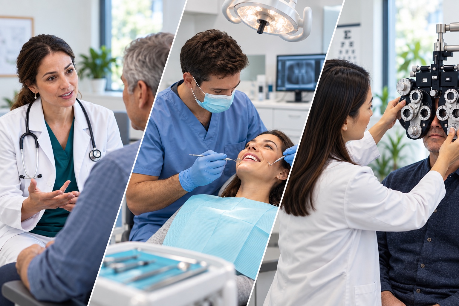 Medical, dental, and vision care in three diagonal photographic panels