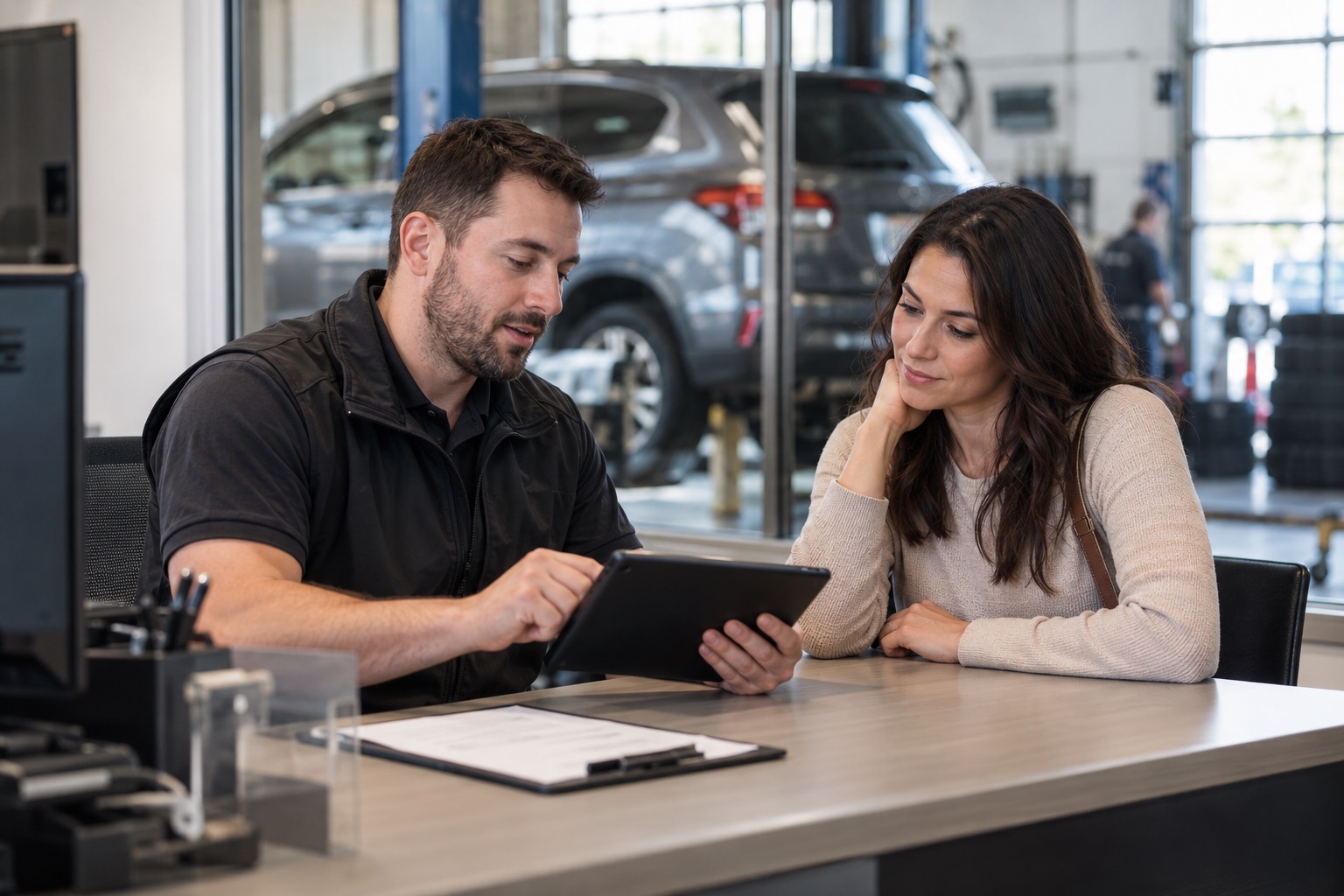 Auto service advisor reviewing repair details with a customer