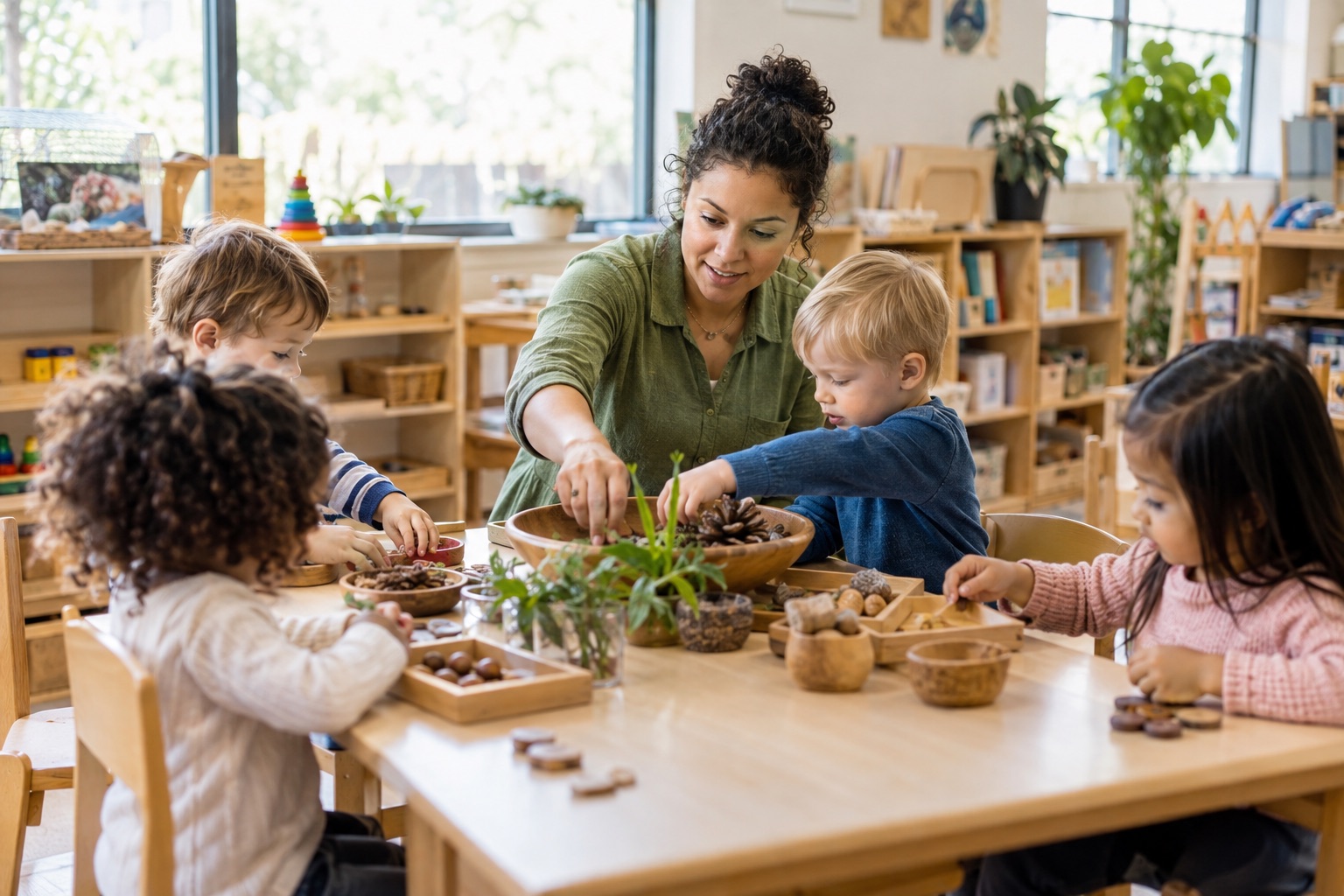 Early-childhood educator guiding children through a classroom activity