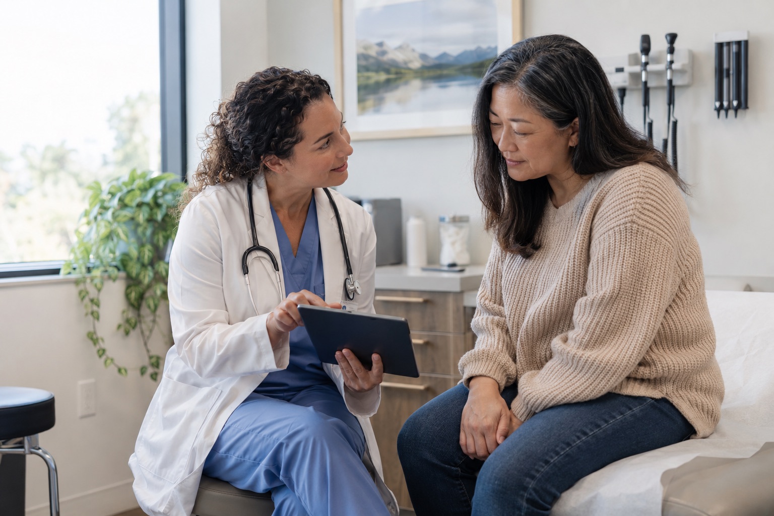 Healthcare professional reviewing a care plan with a patient in a consultation room