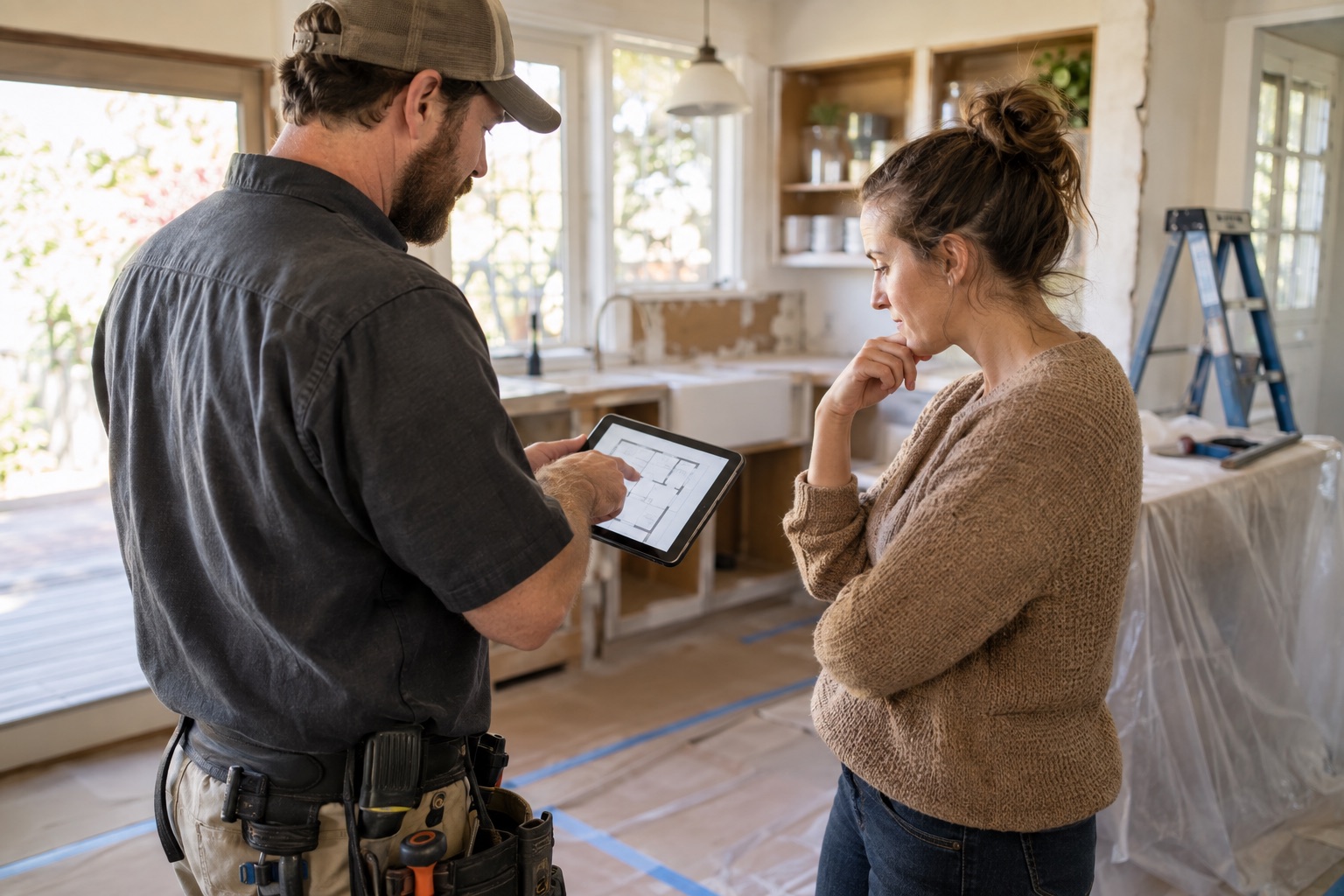 Contractor and homeowner reviewing a renovation plan inside the home