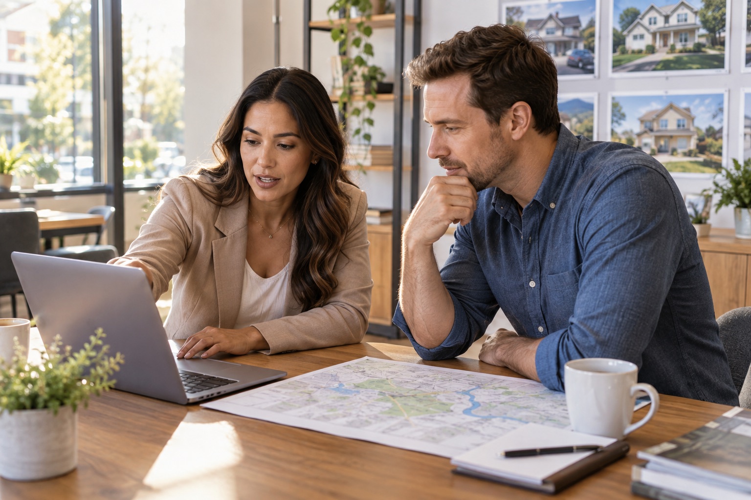 Real estate advisor reviewing neighborhood options with a buyer
