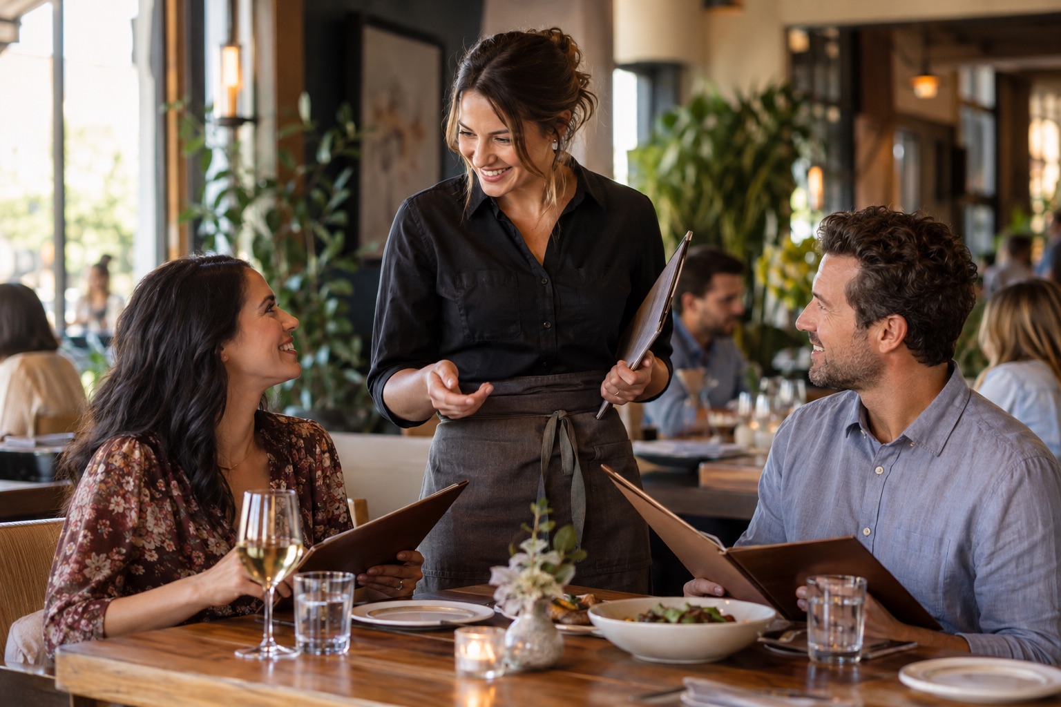 Restaurant server discussing menu options with two guests