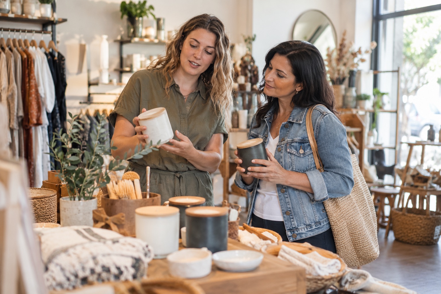 Retail staff member helping a customer compare products