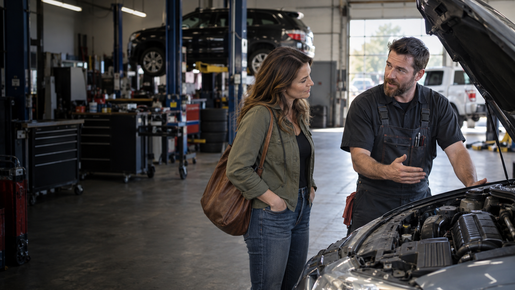 Auto repair technician talking with a customer in a working service bay