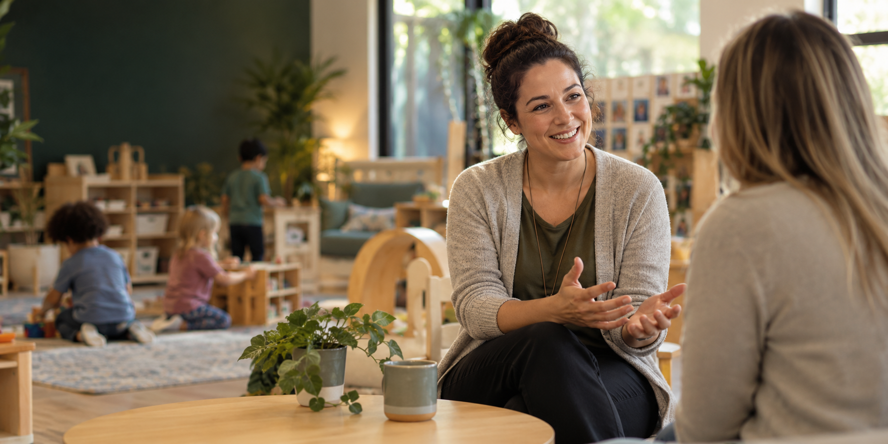 Early-childhood educator speaking with a parent in a daycare classroom
