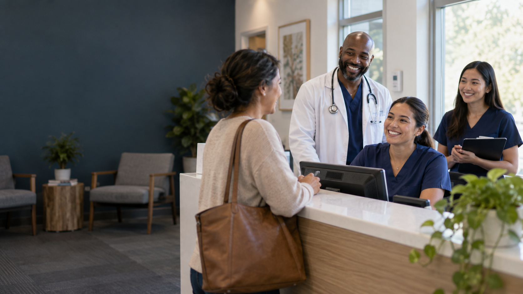 Healthcare team speaking with a patient in a contemporary clinic