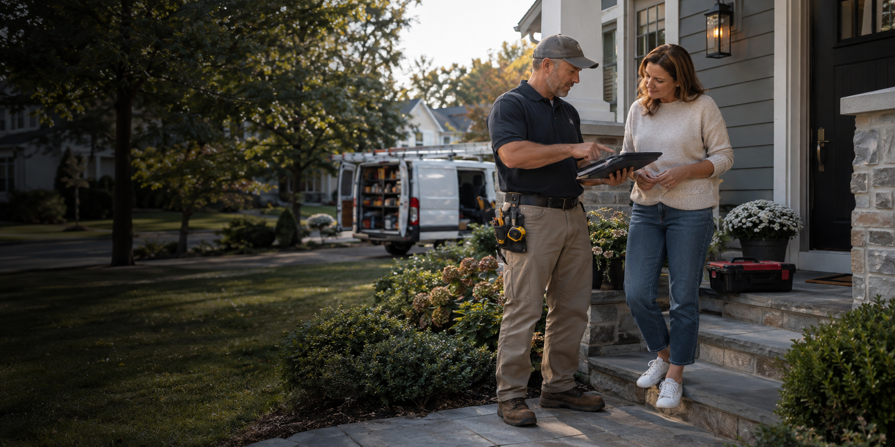 Home-services contractor discussing a project with a homeowner at the front porch
