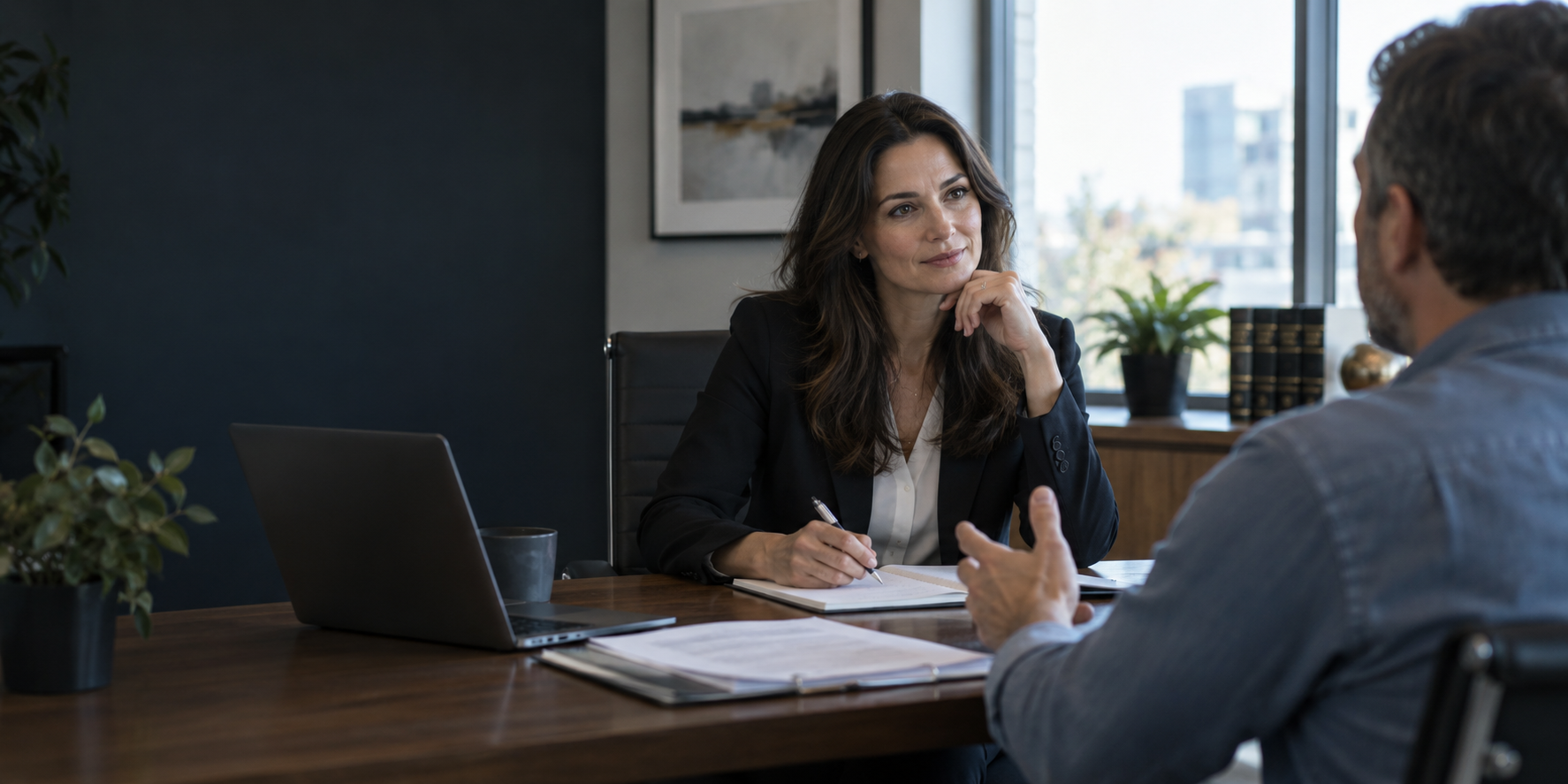 Professional advisor listening to a small-business client in an office meeting