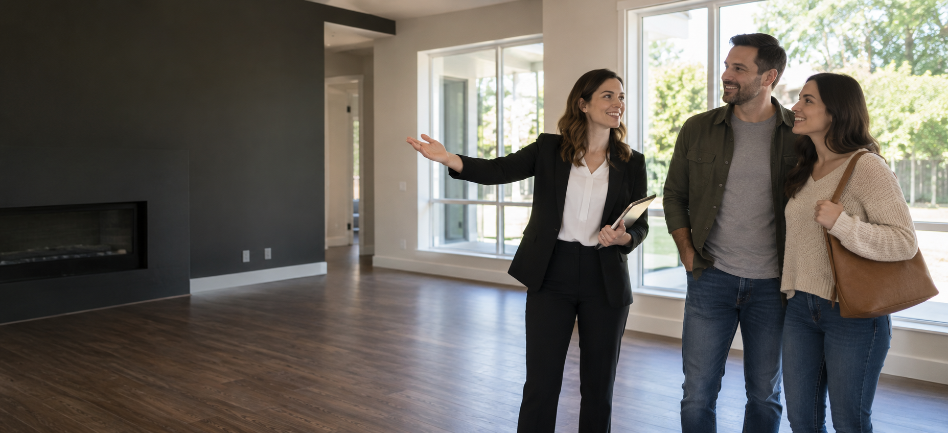 Real estate advisor showing a residential property to prospective buyers