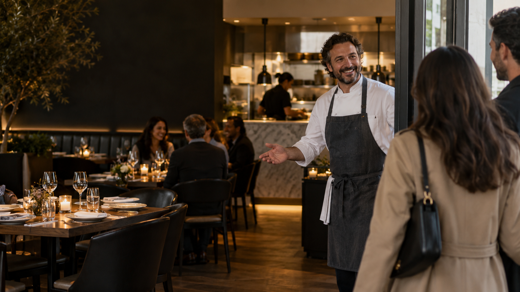 Restaurant owner welcoming guests in a neighborhood dining room