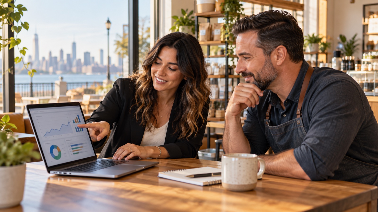 A web designer discussing a small business website and customer experience with a New Jersey owner