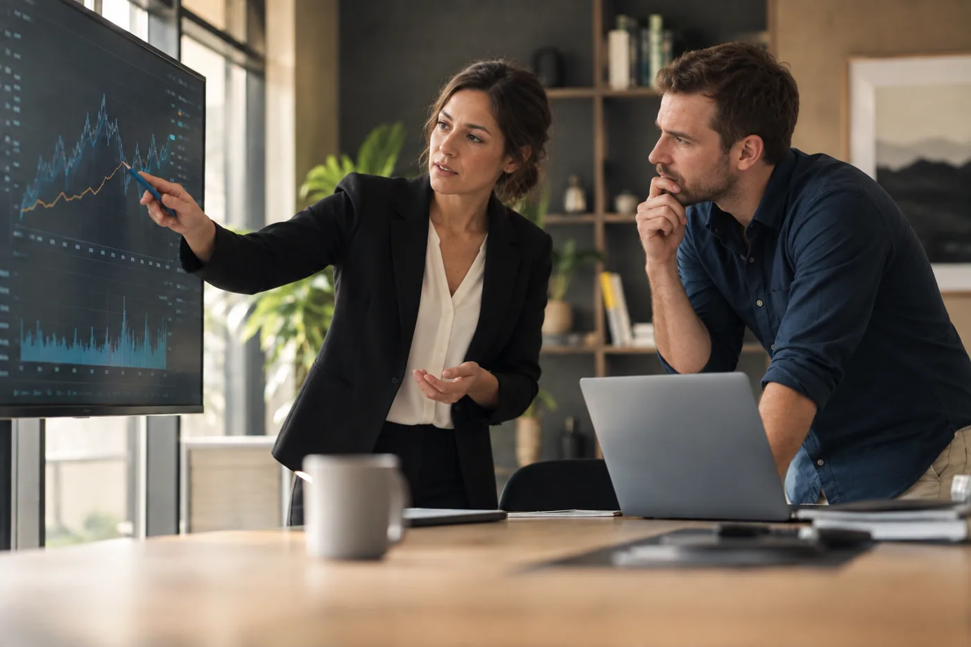 Two marketing professionals reviewing campaign performance on an analytics display