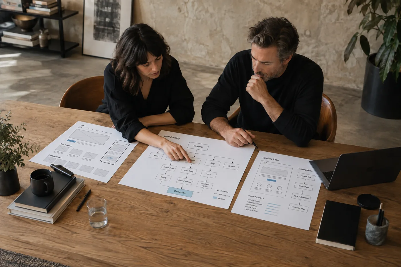 Agency professionals reviewing website wireframes and a customer journey flow