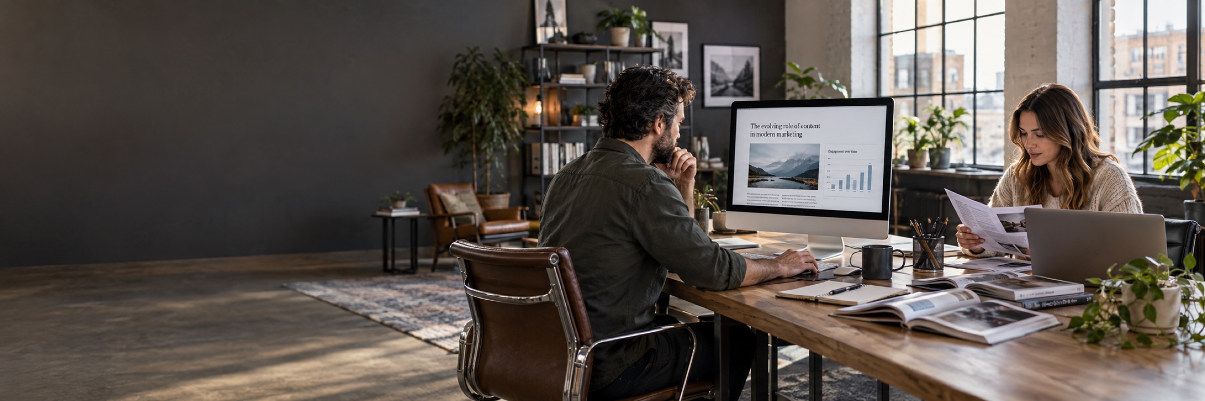 Marketing editors researching an article with a desktop screen, printed notes, and magazines