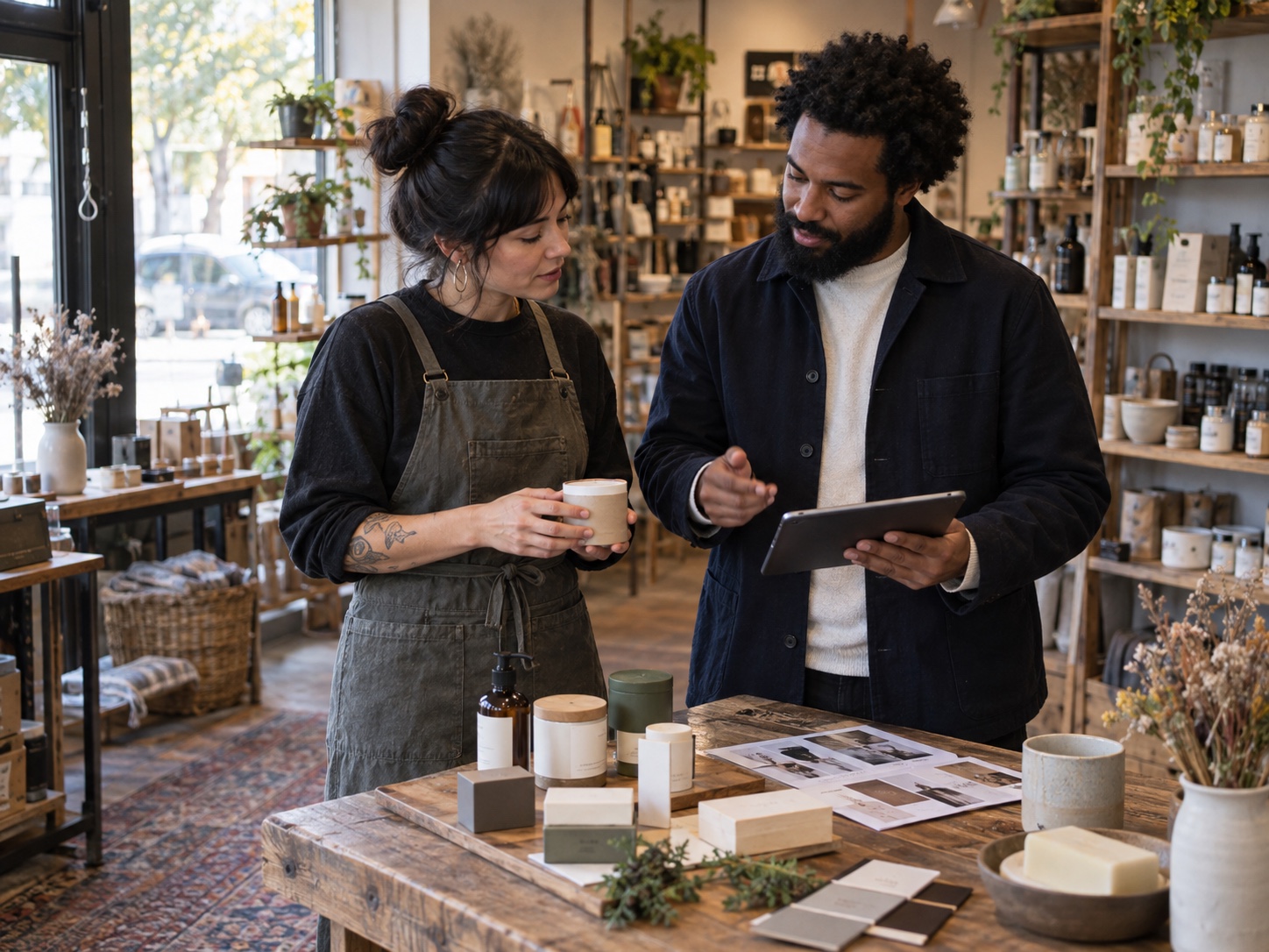 A small-business founder and brand strategist reviewing packaging directions and brand materials in a neighborhood shop.