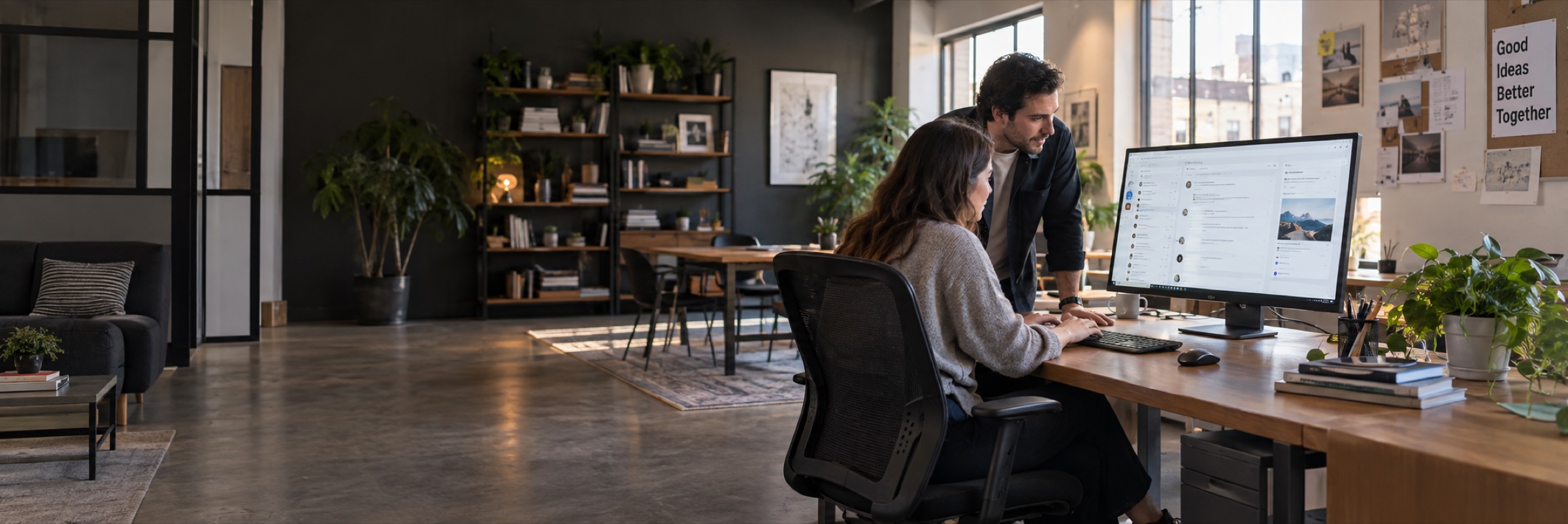 A community manager thoughtfully typing responses in a customer conversation inbox on a large monitor, colleague reviewing audience discussion topics beside them.