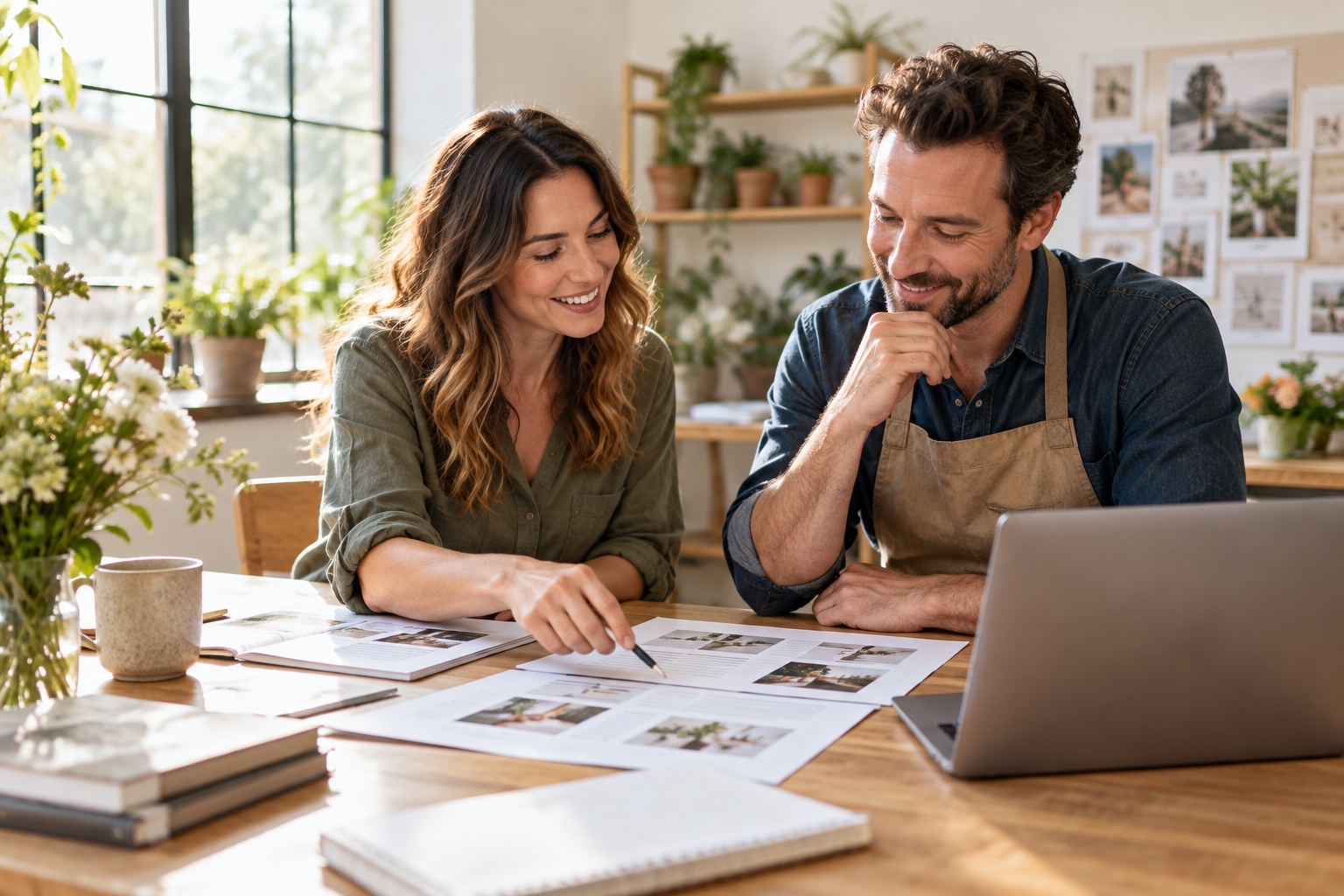 A content strategist and local business owner planning useful website pages together with drafts and a laptop.