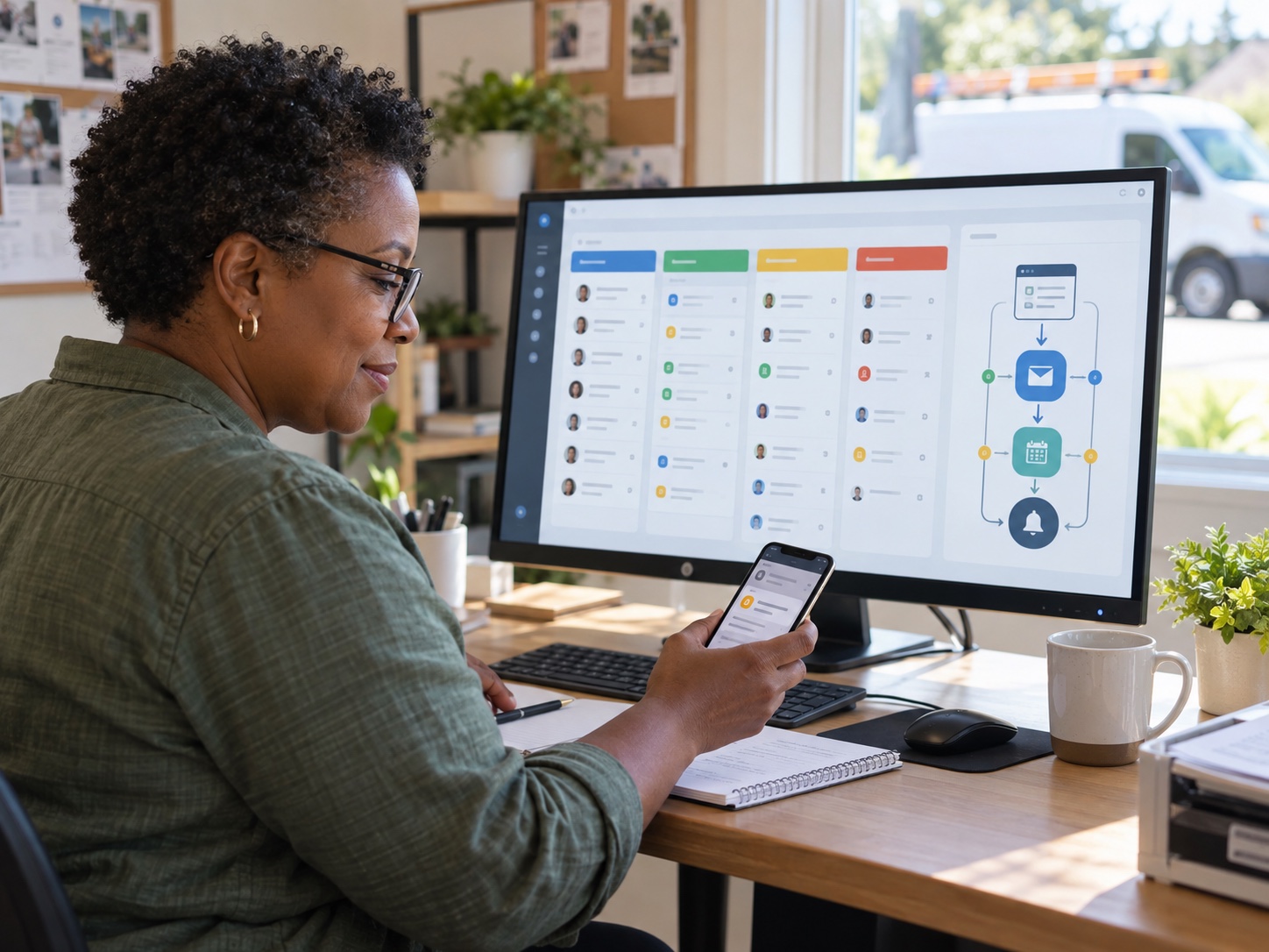 An operations coordinator reviewing a CRM customer pipeline and automated email, appointment, and follow-up workflow.