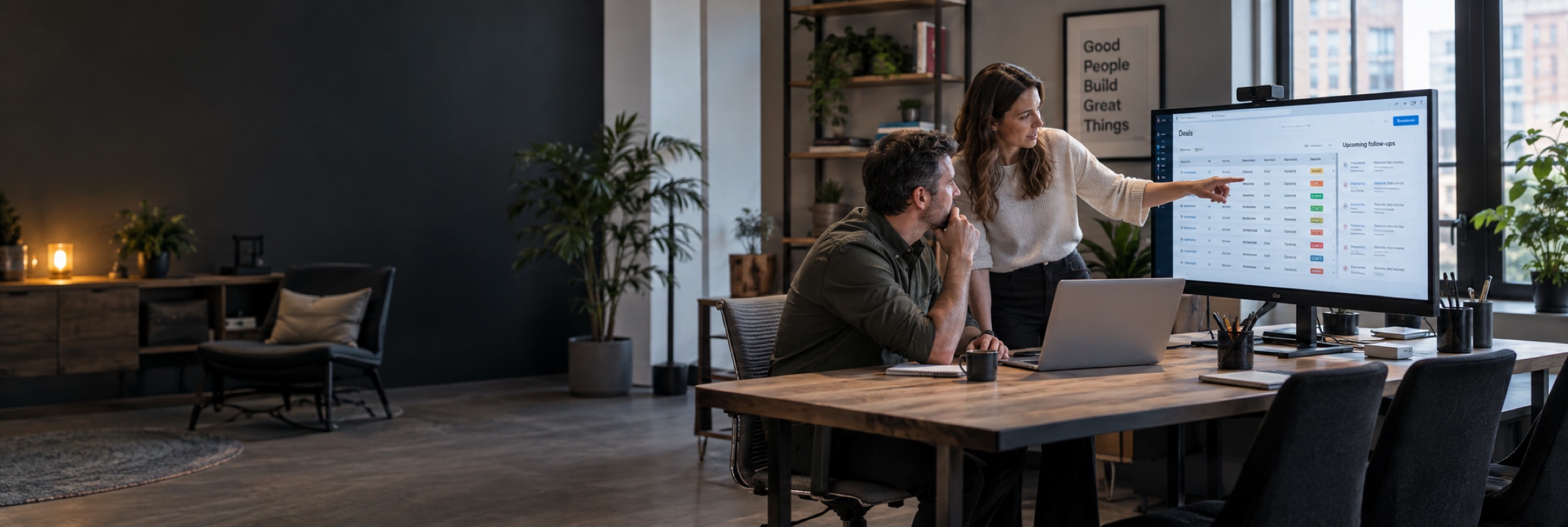 A CRM consultant and sales manager reviewing a customer pipeline table and follow-up schedule on a widescreen monitor.
