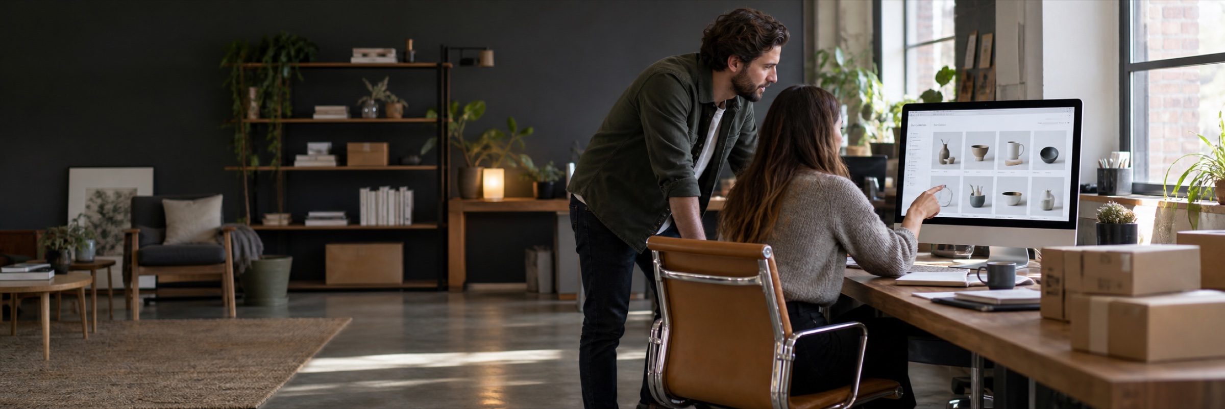 An ecommerce specialist and store owner reviewing a product grid of real homeware photographs on a desktop monitor, with a few neatly packed orders on the desk.