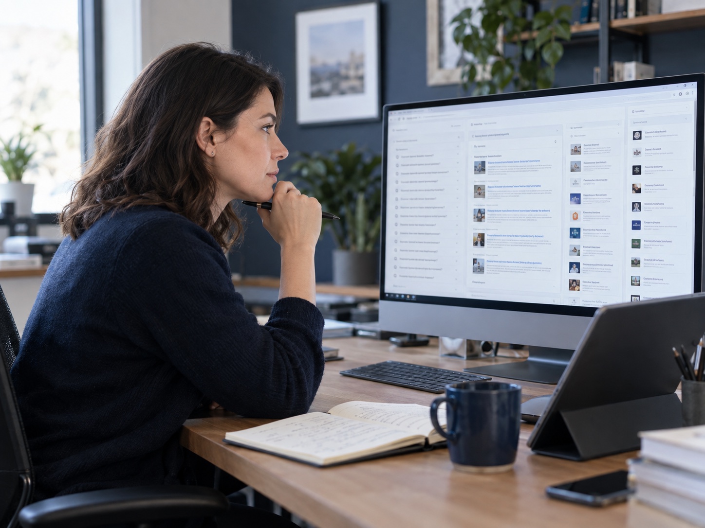 A digital strategist reviewing structured business information and content quality on a monitor.