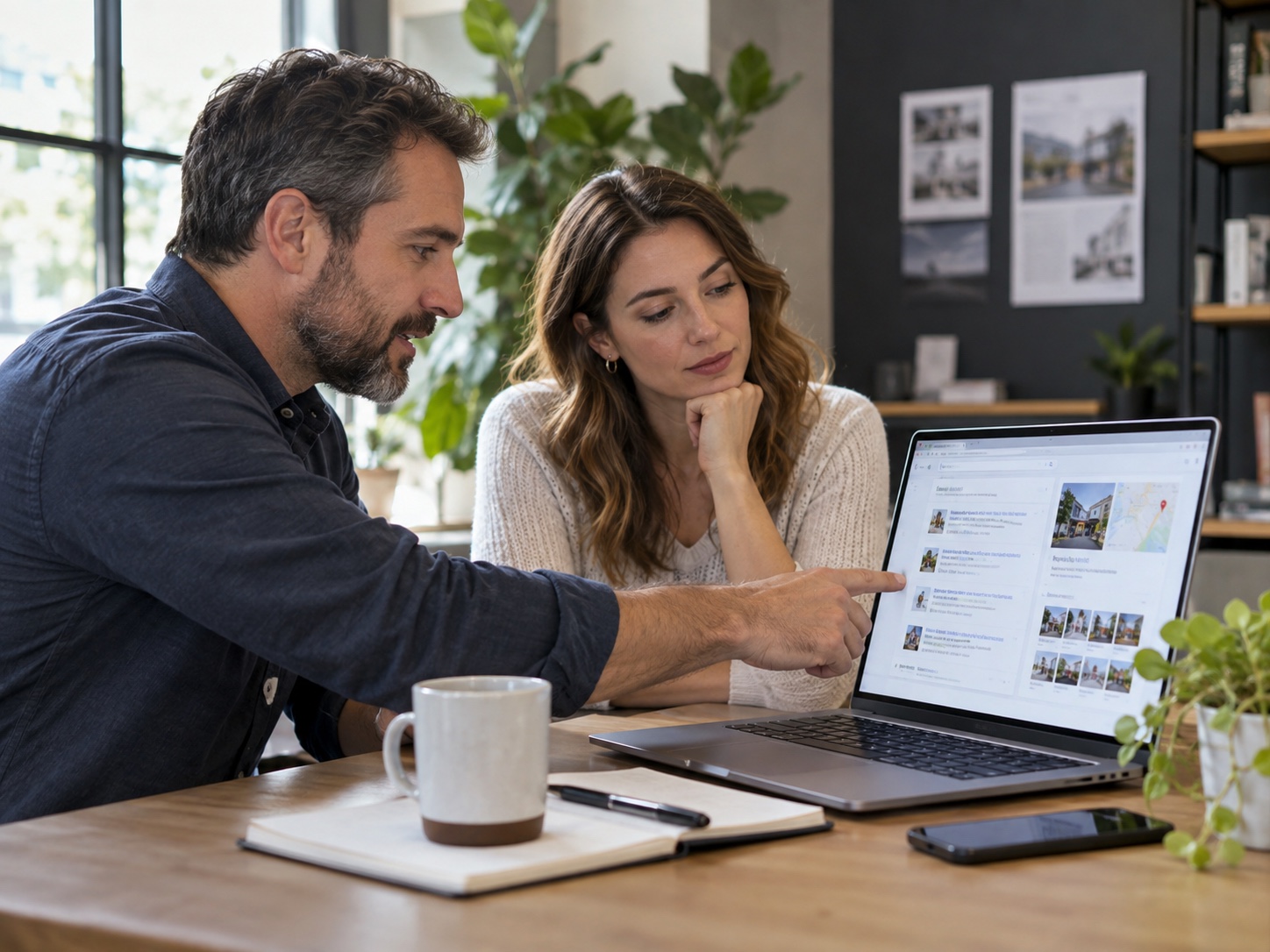 A marketing consultant and business owner review local search results and business profile information on a laptop.