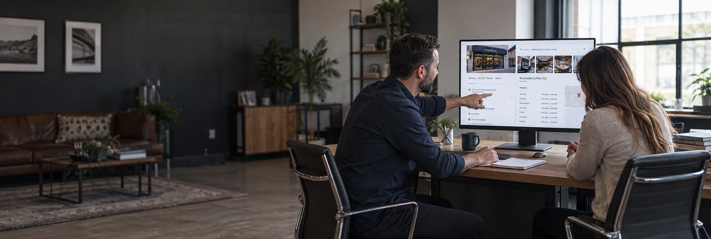 A local search specialist helping a business owner update their business profile on a widescreen monitor showing storefront photographs, opening hours and listing details.