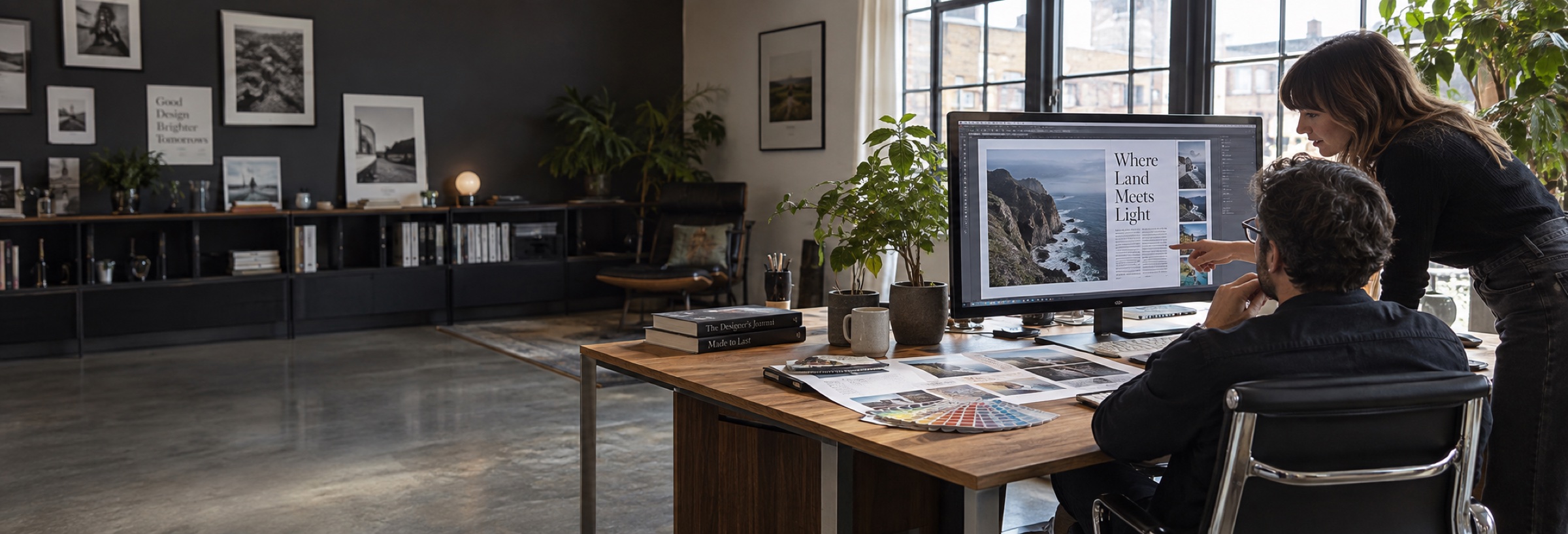 A graphic designer and art director reviewing a photographic poster and editorial typography layout on a wide desktop monitor, with printed color proofs on the desk.