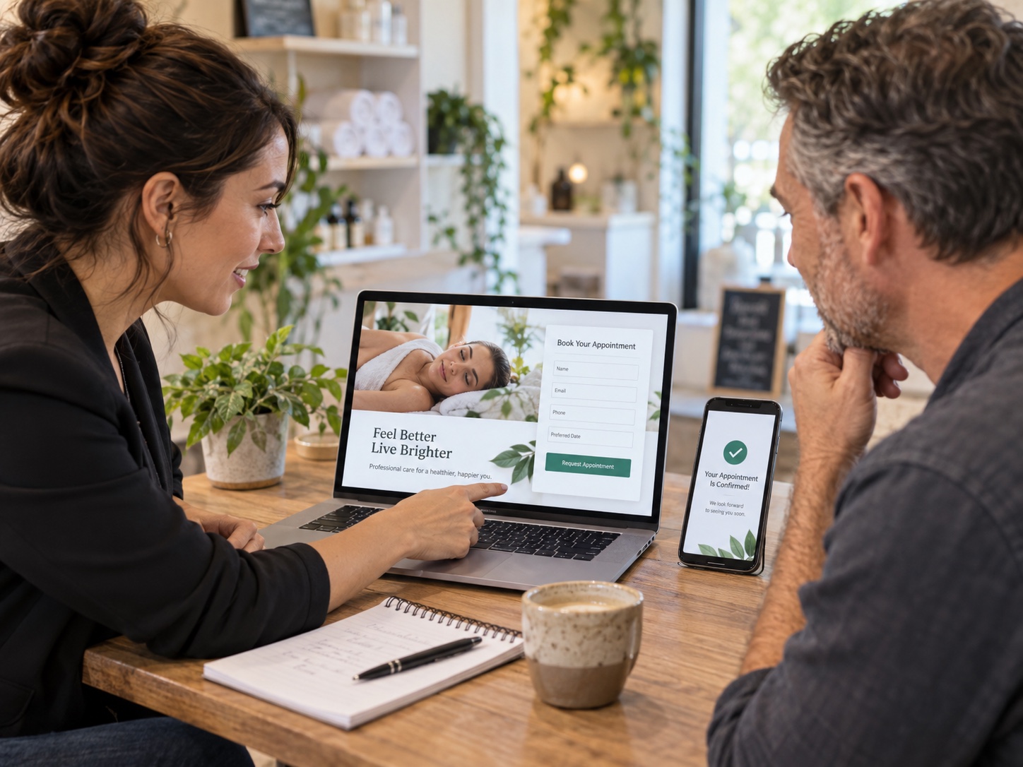 A digital marketer and business owner review a focused service landing page, inquiry form, and mobile appointment confirmation.