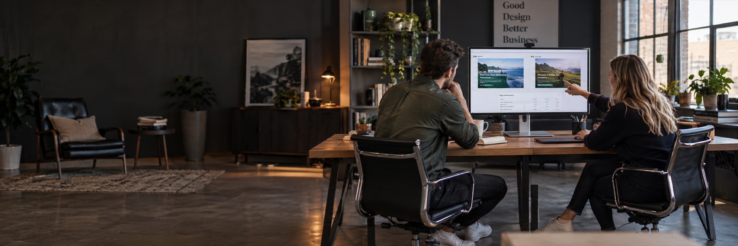 A conversion specialist and business owner comparing two photographic landing-page layouts and a small performance table on a widescreen monitor.