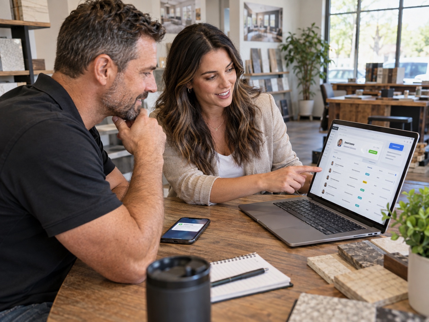 A business owner and marketing specialist reviewing new customer inquiries and their follow-up status on a laptop.